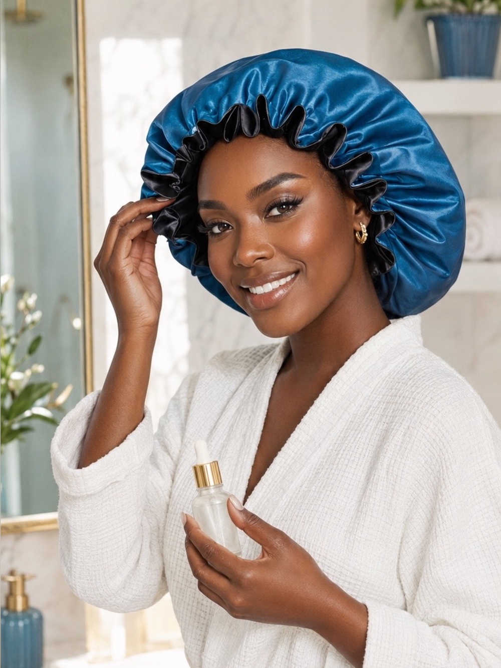 Satin Reversible Blue & Black Shower Bonnet